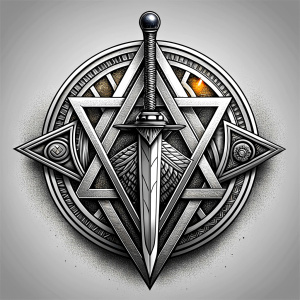 nordic sword and shield geometric symbols -  tattoo design - perfect realistic art - high-definition - grey and black - white background 