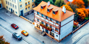 isometric view from 45deg. tiltshift. Miniature narrow, Polish oldtown house, with four floors and balconies, garage near the building, miniature car parked outside the garage, on the ground, not on the roof. A lot of detail on the balcony: flower pots, laundry. Large gold coin leaning against the wall of miniature. 