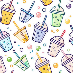 Bubble milk tea
,Fun colorful line doodle shape seamless pattern. Creative minimalist style art background for children or trendy design with basic shapes. Simple childish scribble backdrop.