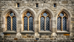 four vintage window,old stone grandwall,gray colour 