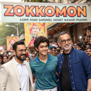 Aamir Khan, Darsheel Safary, and Manjari Phadnis attending an energetic promotional event for 'Zokkomon'. Crowded street with colorful banners and posters in the background.