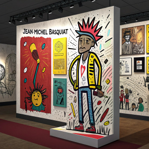 A chaotic art display by Jean-Michel Basquiat. Raw, colorful abstract pieces. Various shapes, texts, and bold hues in each unique panel.