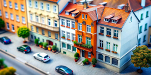 isometric view from 45deg. tiltshift. Miniature narrow, Polish oldtown house, with four floors and balconies, garage near the building, miniature car parked outside the garage, on the ground, not on the roof. A lot of detail on the balcony: flower pots, laundry. Large coins standing near miniature. 