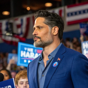 Joe Manganiello, in a blue suit, attending a political rally. Serious expression, HRC emblem visible