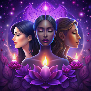 genera un logo con tres rostros de 3 mujeres una de perfil izquierdo, otra de frente y otra de perfil derecho, la mujer del lado izquierdo es joven de 25 años, la mujer del centro 35 años y la mujer del lado derecho 50 años el fondo esta adornado con velas y flores moradas