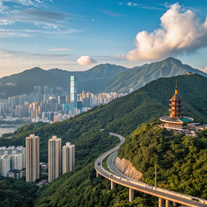 A bustling metropolis of skyscrapers and ancient temples, Hong Kong stands as a testament to human progress. Amidst lush hills and towering mountains, a winding highway slices through the cityscape, its lanes and viaducts reflecting the modern marvels of engineering. The sky above, a canvas of brilliant blue, adorned with delicate clouds, contrasts the city's vibrant energy.