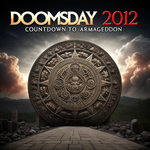 Poster for movie 'Doomsday 2012: Countdown to Armageddon'. Features Aztec calendar with detailed carvings. Movie title and release year prominently displayed. Filmmakers credited at bottom. Descriptive text highlights film's historical significance.