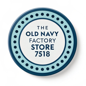 The Old Navy Factory Store 7518 logo, a sleek circular design with light blue background and dark blue borders. It features evenly distributed dark blue dots around the edge and bold, centered sans-serif text.