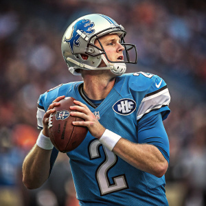 Jeff Driskel, quarterback for the Detroit Lions, intense focus. Wearing team jersey with number 2. Sporty action shot in a stadium, blurred audience