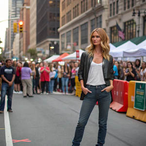 Rosie Huntington-Whiteley at a bustling city street event. Dressed in casual attire. Crowds in background