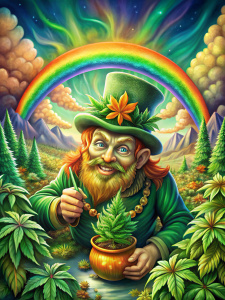 leprechaun smoking weed with weed plants in a gold pot at the end of a rainbow 