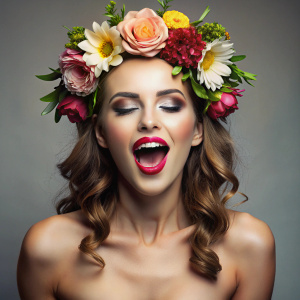 голая девушка 25 лет, модельный макияж, один цветок в волосах, испытывает оргазм