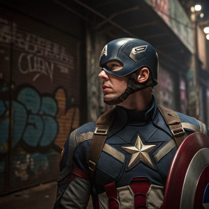 Chris Evans as Captain America. Wears suit and mask. Angry face. Dark alley with graffiti