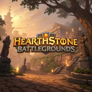 Promotional poster for the game Hearthstone Battlegrounds. Golden title in the foreground, set against a backdrop of an ancient fantasy realm. Warm, earthy tones with intricate fantasy details including mythical creatures and detailed statues.