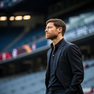 Xabi Alonso, somber expression, in a dark suit. Against a blurred backdrop of an indoor stadium with sparse seating
