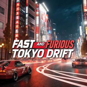 Promotional poster for Fast and Furious: Tokyo Drift. Vibrant colors of red and white. Background is a Tokyo street with neon lights.