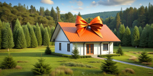 country one-story small modern house, minimalistic, modest design, many details, not pretentious, small windows, siding, white walls, triangular roof, black roof, large orange satin bow on top, huge bow on the roof, large gift bow on the roof, satin ribbon from above, located in the forest, there is a lot of grass, greenery and trees around, bright sky, daytime natural light, photorealism, high quality photo, photo as in life, hdr, 3K, professional photographer