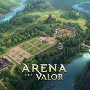 A vibrant digital map for Arena of Valor. Lush greenery, intricate pathways, and dynamic structures. Game logo displayed prominently at the base of the map.