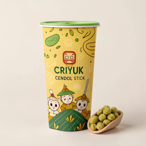 Packaging for Criyuk Cendol Stick snack. Eye-catching yellow and green theme, friendly cartoon figures, easy-to-stand design, detailed ingredients highlighted