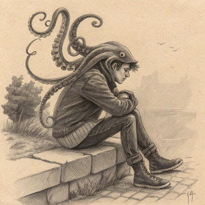 Fantasy art of a cephalopod-human hybrid. Sitting on stone surface. Tentacles wrapped around itself. Created with charcoal on beige paper.