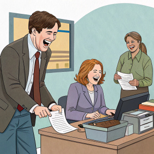 Cartoon rendition of Dunder Mifflin employees. Jim Halpert, Michael Scott, Pam Beesly, Angela Martin in a lively office setting.