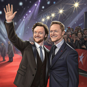 James McAvoy and Jon S. Baird at a film festival premiere. Bright lights and excited crowd in the background.