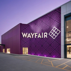 The Wayfair logo is a sleek, modern design with a bold, geometric pattern and a deep violet color scheme, making it stand out in the online retail industry.