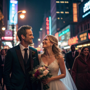 Michael Vartan and Lauren Skaar celebrating their nuptials on a bustling city street at night, surrounded by bright lights and passersby.