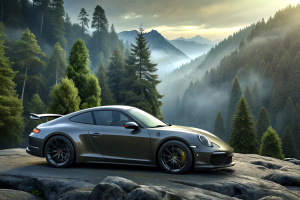 porshe 911 gt3 rs in a foggy black white aesthetic forest cliff side. profile picture