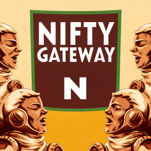 The Nifty Gateway logo featuring a vibrant green square with a bold white 'N' and surrounded by a series of whimsical, colorful cartoon avatars with a futuristic design.