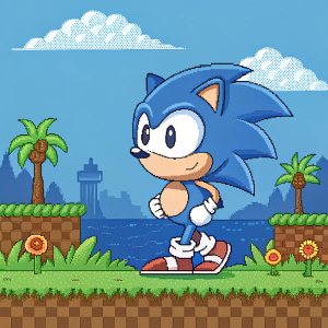 Pixel art rendering of Sonic the Hedgehog. Vibrant blue and white colors against a retro video game backdrop.