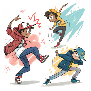 Dynamic graffiti-styled sketches of cartoon characters in various action poses.