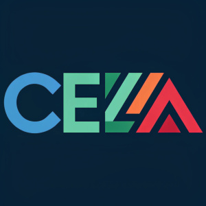The CELA logo, a modern digital creation. Bold abstract design featuring geometric shapes and vibrant colors, prominently displaying the word 'CELA' in blue, green, and red tones, ideal for digital or print media.