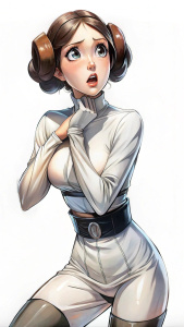 Princess Leia, she's scared, in stockings in Anime style, Latex. White background