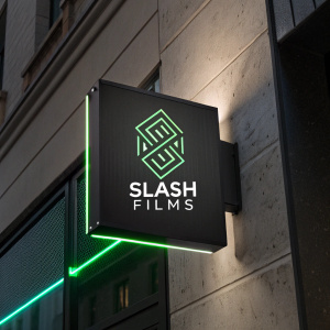 Logo for Slash Films, modern design on sleek black background with neon green accents, featuring abstract shape and clear sans-serif font