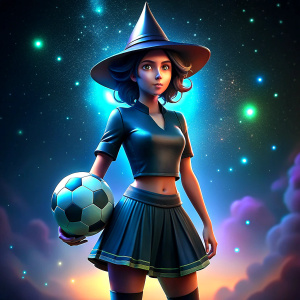 teen witch hat black sport jersey skirt in sports locker carrying a soccer ball