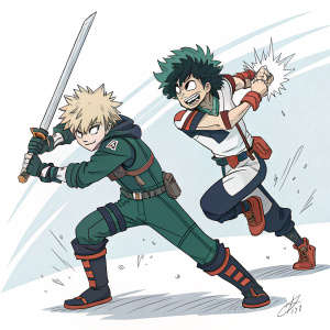 Sketch of My Hero Academia characters. Izuku Midoriya and Katsuki Bakugo wielding swords. Dynamic action poses. Anime-style drawing