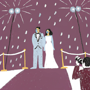 Tom Hanks and Sarita Choudhury at the Oscars. Red carpet scene, background is flashing lights and paparazzi