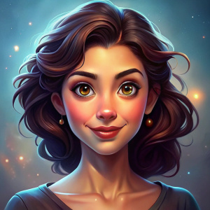 Crear un avatar mujer de 40 años de ojos grandes, cejas gruesas, sonrrisa atractiva. nariz respingada Pelo largo con algunas ondas, peinada de lado. SOlo su rostro, cuello y hombro. Aspecto latino