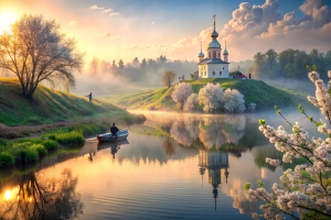 cinematic film still sci-fi style extreme Long Shot, masterpiece, intricate detail, best quality, absurd resolution, A serene, mystical scene with a calm lake into which a quiet stream flows. In the distance, on top of a small hill, partially hidden by light fog, stands an ancient Russian temple. A small boat floats quietly on a quiet lake with a lone shepherd standing nearby, adding a touch of elegance to the scene. Flowering apple trees line the shore, their delicate red and white petals creating a beautiful contrast with the lush greenery. Various flowers dot the landscape, highlighting the natural beauty. The set is bathed in soft, faint sunlight, bathing the entire stage in a warm, ethereal glow. The overall ambiance is one of peaceful seclusion and natural beauty, capturing the essence of a hidden paradise.,