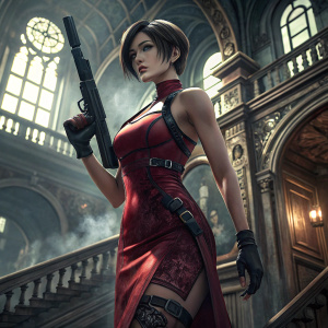 Digital art of Ada Wong from the Resident Evil series, standing in an action-ready pose. She is dressed in a form-fitting, revealing red bodysuit with intricate designs. She holds a large, dark weapon with a determined expression. The background is an ornate, gothic architectural setting.