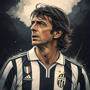 Illustration of Cesare Maldini, former soccer player. Wearing Juventus jersey. Dark background with abstract shapes. Intense expression.
