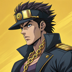 Jotaro Kujo from JoJo's Bizarre Adventures, muscular build, intense stare, in an iconic anime style. Against a bright, solid yellow background
