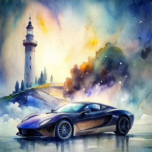 I want a luxury car, SSC Tuatara, black in color, with a lighthouse in the background.