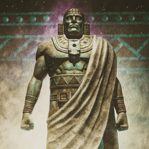 Pixelated image of Tlaloc, the pre-Hispanic deity. Purple and blue digital backdrop. Muscular figure, ornate chest piece, swirling garment, powerful stance