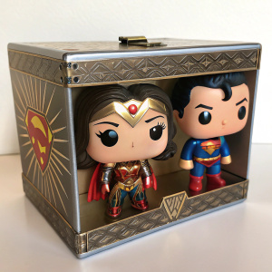 Custom-designed box for exclusive release of Funko Pop! duo Wonder Woman and Superman. Shiny metallic finish, intricate artwork