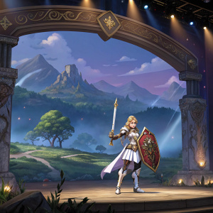 Noelle, Genshin Impact character, in an elaborate stage setup. Behind her is a dramatic fantasy landscape.