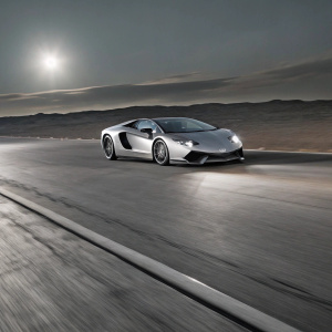 A sleek, silver Lamborghini Aventador roars into view from the shadows. Its aggressive design and aerodynamic curves slice through the night, casting ominous shadows on the road.