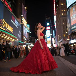 Rakul Preet Singh, wearing a stunning red lehenga, standing in Times Square. Crowded street, evening lights