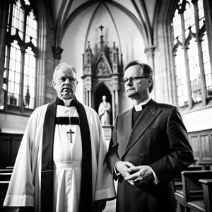Luteran pastor and Catholic priest look at each other. Gothic church altar in the background